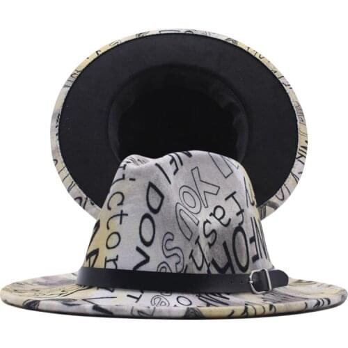 Womens 2021 New Digital Printed Wool Mens Fedora Top Hat Travel Hat Sun Hat Casual letter Tie-Dye Jazz Hat