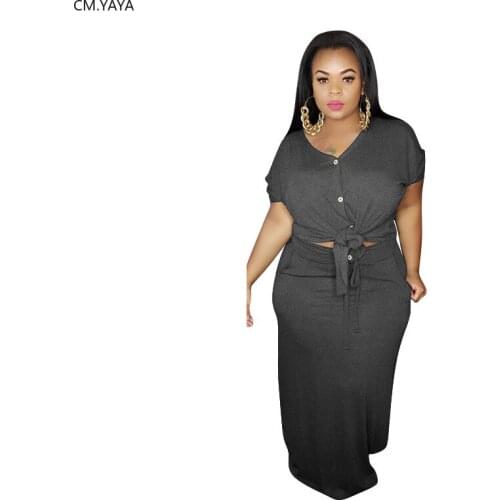 CM.YAYA Plus Size XL-5XL Solid Women Two Piece Set Blouses Maxi Midi Skirts Suit Tracksuit Fitness Outfit Matching Set Dress