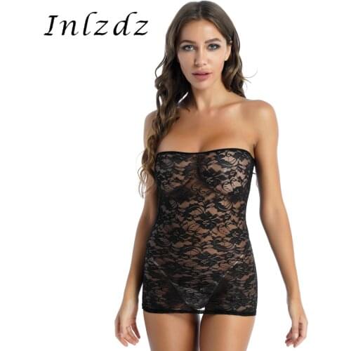 Womens Lingerie See-through Lace Strapless Mini Dress Flower Pattern Sheer Bodycon Dresses Female Sexy Clubwear Nightwear
