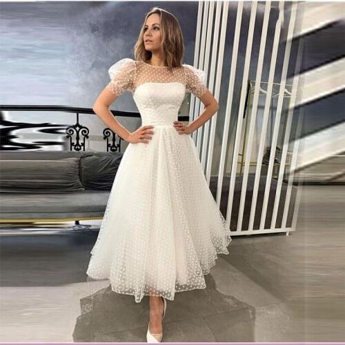 New Style Lace Point Wedding Dresses Short Puff Sleeves платье Robe De Mariée Bride To Be Bride Gown Vestido De Novia 0247
