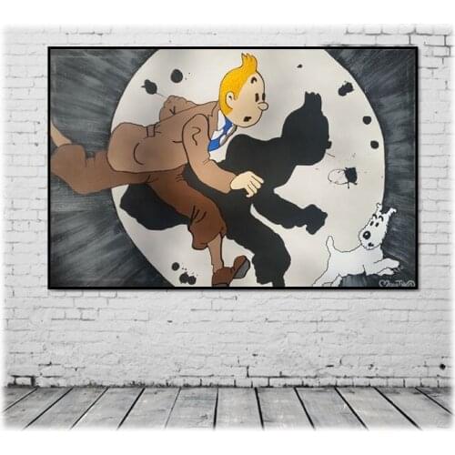 100% Hand Painted Popular Art French Comics Adventures of Tintin Canvas Painting Cartoon TINTIN On Canvas For Sitting Room