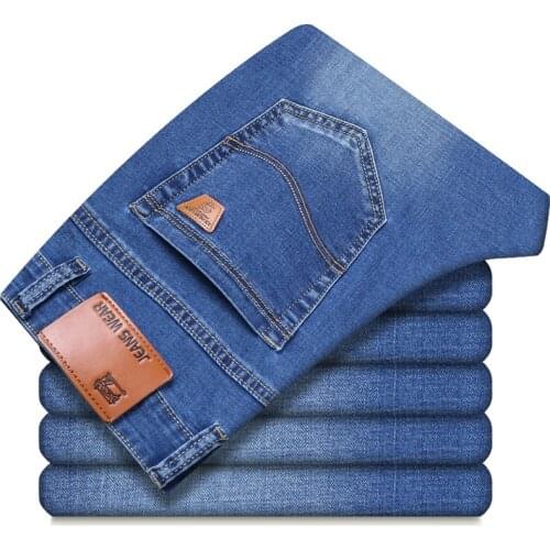 2020 Spring And Summer High Quality Business Casual Elastic Denim Trousers Male Brand Blue Pants Classic Mens Thin Jeans