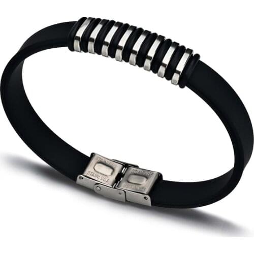 2021 Fashion Jewelry Vintage Black Silicone Bracelet Charm Stainless Steel Combination Ring Mens Bracelet Accessories Pulsera