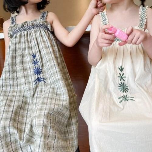 2021 Summer New Korean Kids Dresses for Girls Childrens Embroidered Garden Sling Dress Baby Girls Wave Edge Flower Dress 2-7Y