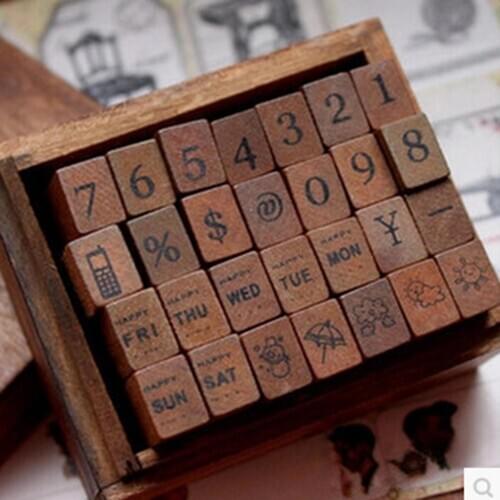 28Pcs/Set Wooden Weather Symbols Weekday Number Stamp Seal Diary Decoration