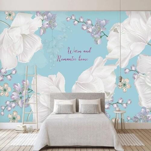 Custom 3D Wall Murals White Flowers Blue TV Background Photo Wall Art Living Room Bedroom Waterproof Silk Cloth Mural Wallpaper