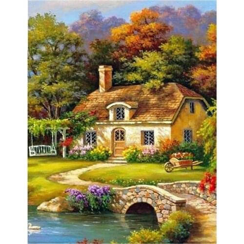 Diamond Painting Full Circle Diamond Kit Rhinestone Picture Art Craft Home Door Decoration (Painting House Landscape)