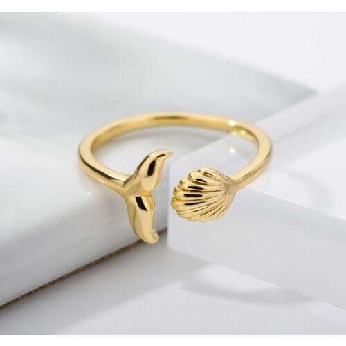 Boho Jewelry Trendy Silver Color Mermaid Tail Cuff Ring For Girls With Sea Whale Fish Tail Bague Shell Rings Romantic Gifts