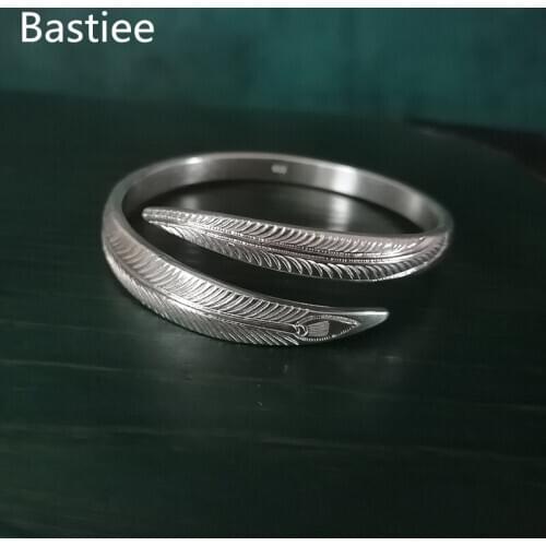 Bastiee 999 Sterling Silver Feather Bangle For Women Bracelet Hmong Handmade Adjustable Bangles Vintage Luxury Jewelry Gift