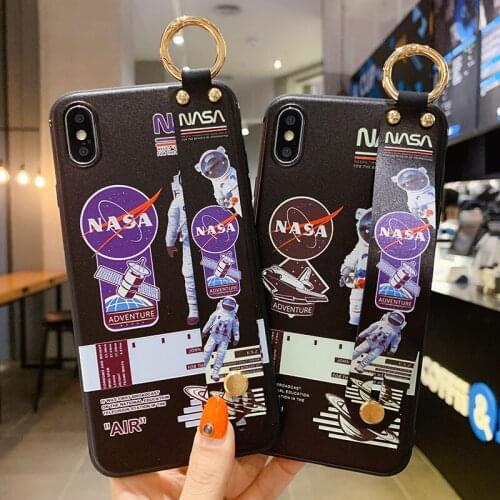Cartoon Astronaut Wrist Strap Phone Case for iPhone 12 Pro Max Mini 11 6 6S 7 8 Plus X XR XS Max Phone Holder Soft Cover Funda