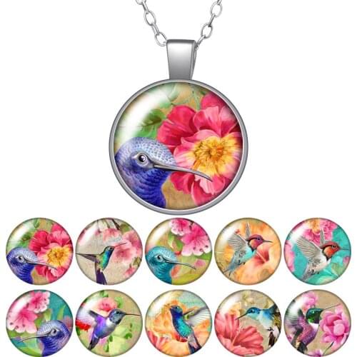 Flower Birds Hummingbird Round Pendant Necklace 25mm Glass Cabochon Silver plated/Crystal Jewelry Women Birthday Gift 50cm