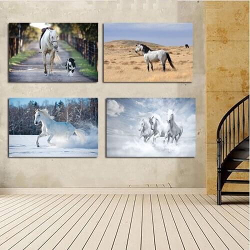 Wild White Horse Dog Animal Landscape Canvas Painting Scandinavian Art Nordic Poster Print modern Wall Picture For Living Room