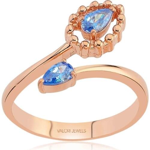 Valori Jewels 0.40 Carat, Zirconia Fancy Blue Pear Gemstone, Rose Gold Plated, Sterling Silver Ring