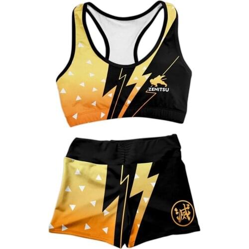 Demon Slayer Agatsuma Zenitsu Cosplay Sportwear Summer 3D Print Vest Crop Top Shorts Two Pieces Set