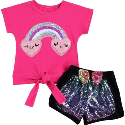 New Girls Leopard Print 2Pcs T-shirt Suit, Short Sleeve Heart Printed Patchwork T-shirt Tops with Sequins Leopard Short Pants