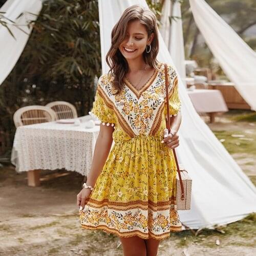 Summer Dress 2021 Women Fashion Sexy V-neck High-waist Mini Yellow Dress Boho Print Sweet Casual Holiday A-line Green Dress
