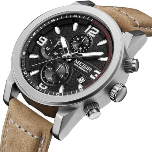 MEGIR Sports Casual Watch Men Military Chronograph Watches Top Luxury Relogio Masculino Leather Strap Male Clock Waterproof