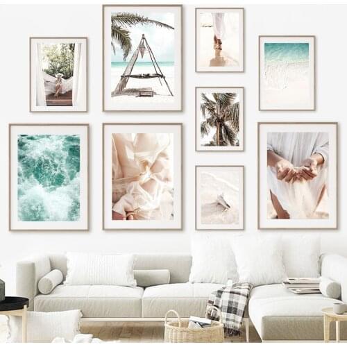 Sea Girl Beach Shell Tree Waves Hand Sand Wall Art Canvas Painting Nordic Poster And Prints Wall Pictures For Living Room Decor