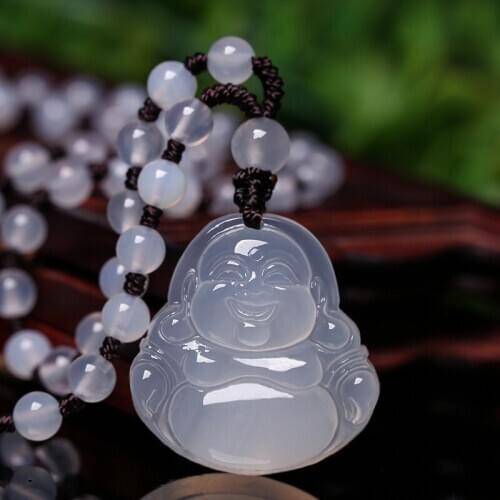 Natural White Chalcedony Agate Buddha Necklace Pendant Jewelry Fine Jewelry Lucky to ward off evil spirits Amulet Pendant