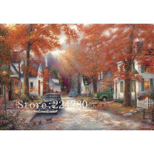 Autumn road town scenery abstract art Needlework 14CT Canvas Unprinted Handmade Embroidery Cross Stitch Kits DIY Home Decor