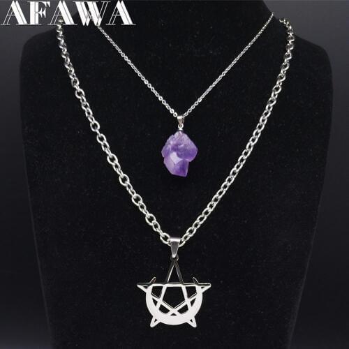AFAWA Purple Crystal Stainless Steel Moon Pentagram Witchcraft Necklace Silver Color Punk Necklaces Jewelry collares N4136S02