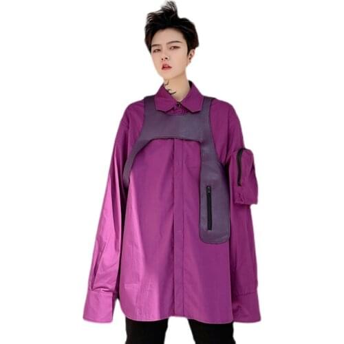 Korean Purple shirt men Long sleeve With leather Big pockets Loose Hiphop Stage tops