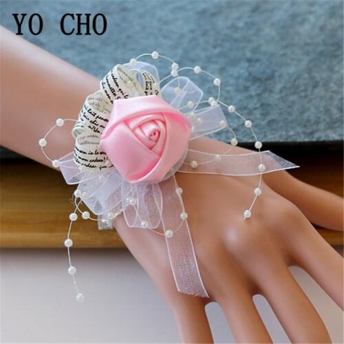 YO CHO Silk Flower Cuff Bracelets Bridesmaid Wrist Corsages Wedding Corsage Bracelet Bridal Corsages Wedding Bracelets for Women