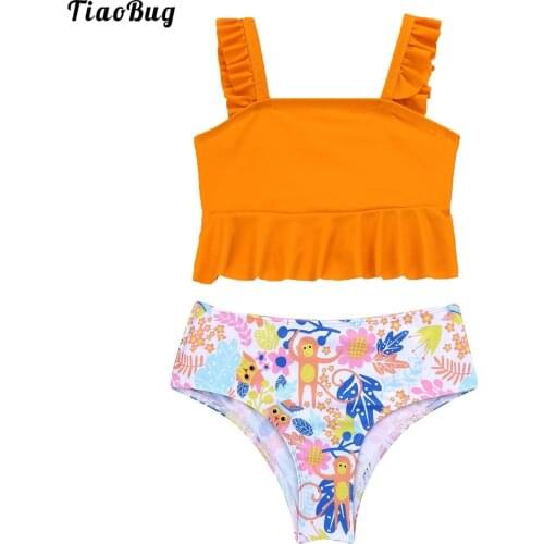 TiaoBug Summer 2Pcs Kids Girls Print Swimsuit Square Neck Fly Sleeve Ruffle Crop Top Elastic Bikini Bottom Bathing Beach Suit