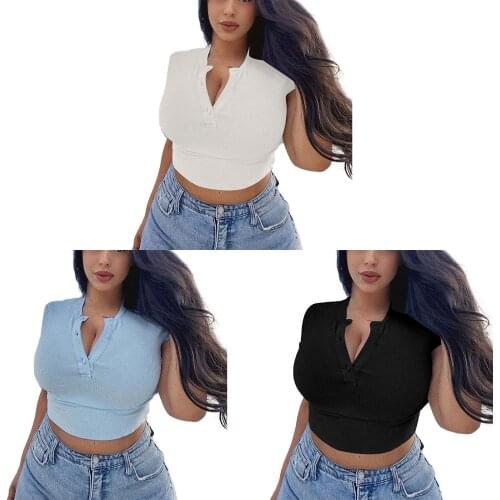 Crop Top Crew Neck Collar Buckle Short Sleeve Jacket Self Cultivation Summer Clothes For Women Tops