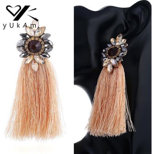 YUKAM Vintage Ethnic Long Tassel Earrings Fringe Wedding Big Crystal Drop Earrings for Women Exaggerated Tassle Earrings Jewelry