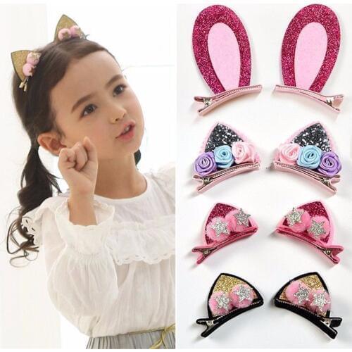 2pcs/Set Cute Hair Clips For Girls Glitter Rainbow Rabbite Ear Flowers Hairpins Cat Ears Bunny Barrettes Kids Hair Accessories