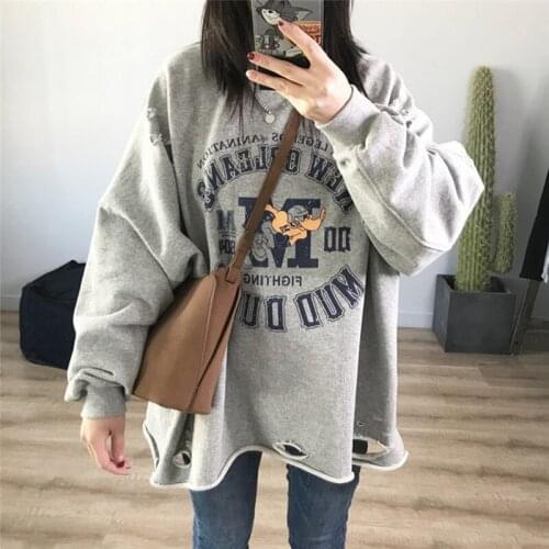 Women Sweatshirt Streetwear Letter Print Sweatshirts Autumn O Neck Pullover Oversized Hoodie Chic Sweatshirt Broken Hole Style