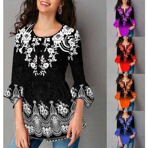 Vintage Shirt Gradient Color Printing Irregular Flare Sleeve Women Slim All Match Buttons T-shirt Blouse Streetwear Dropshipping