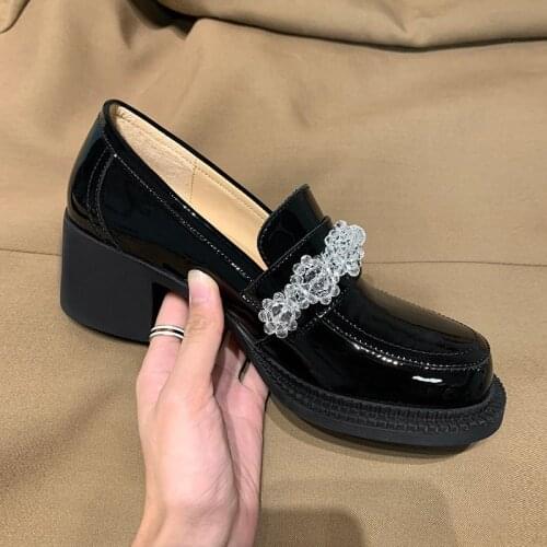 MEZEREON Women Pumps Slip On Simple Shoes With Crystals Square Heels 5.5 CM Round Toe Natural Leather Girls Footwear