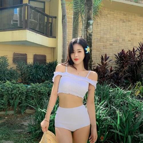 Off Shouler Two Piece Swimsuit 2021 New Women Solid Bikini Ruffled High Waist Korean Style Bathing Suit Summer Pads Beachwear
