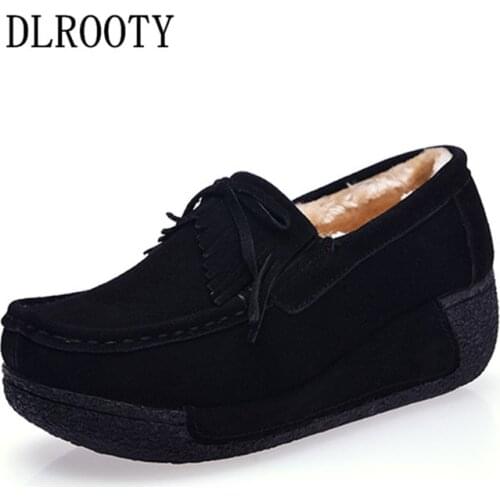 Winter Warm Women Flats Shoes 2018 Short Plush Fashion Fringe Square Toe Slip On Genuine Leather Platform Casual Solid