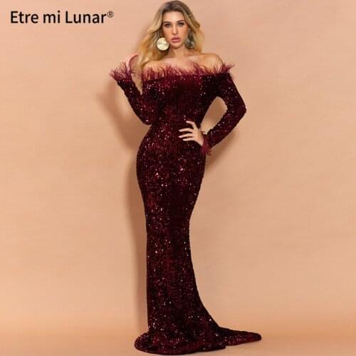 2021 Wine Red Sexy Off Shoulder Feather Long Sleeve Sequin floor length Evening party Maxi Reflective Dress Real Photo L200402