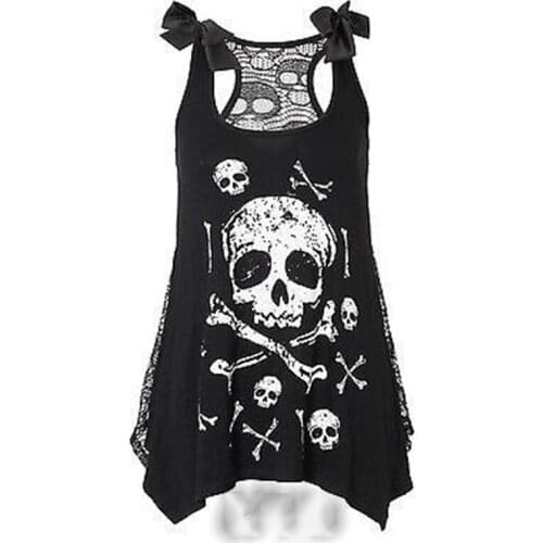 2021 Summer Womens Fashion Flowered Skull Printed Goth Top Women Lace Back Tank Top O-Neck tshirts Vest Halter Sleeveless Top