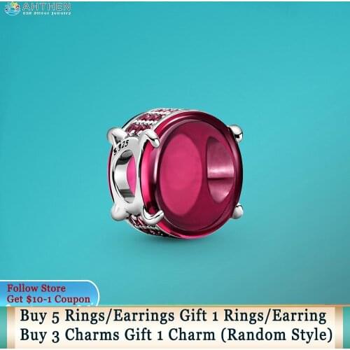 Ahthen 925 Sterling Silver Beads Fuchsia Rose Oval Cabochon Charm fit Original Pandora Bracelet for Women Jewelry Making Gift