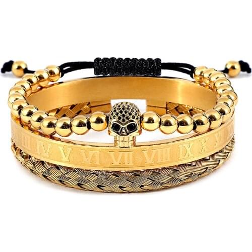 Luxury Royal Crown Skull Charm Bracelet Men Unique Design Gold Color Braided Adjustable Bangle Pulseira Bileklik 3pcs/Set