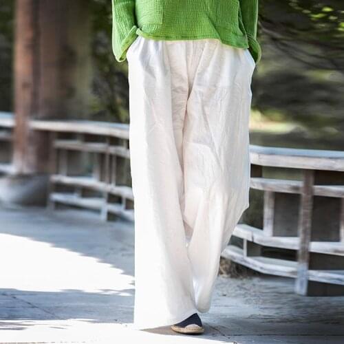 2016 Spring Cotton Linen Womens New Original Vintage Chinese Wide Leg Pants washed Loose Elastic Maxi Trousers Plus Size Pants