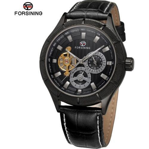 Forsining Mens Watches New Style Fashion Tourbillon Stainless Steel Automatic Famous Brand Wristwatches Color Black FSG566M3
