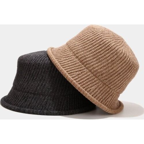 Women Faux Wool Crochet Knitted Bucket Hat Rolled Short Brim Warm Fisherman Cap