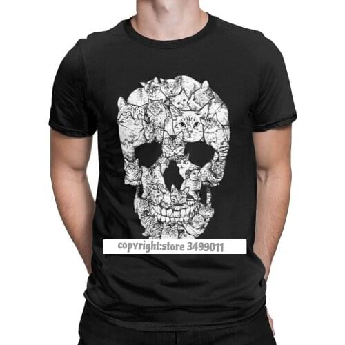 Unique Cat Skull Skeleton Scary T-Shirt Men Cotton Tops T Shirt Kitten Goth Gothic Punk Halloween Tees Streetwear