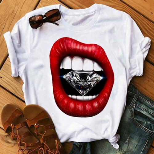 Diamond In The Red Mouth Print T Shirt New Women T Shirt Short Sleeve Tops Female Graphic Tee Shirts Ladies Fashion T-shirt Tops