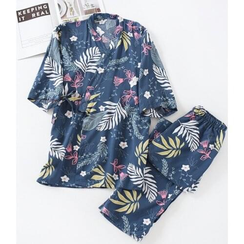 Japanese-style Kimono Two-piece Suit Female Summer Viscose Three-quarter Sleeve Trousers Pajamas Set Thin Home Service Cover