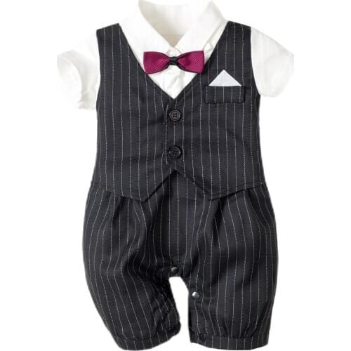 Newborn Boy Bow Tie Outfit Sets Formal Rompers Jumpsuit for Baby Clothes Black Striped Wedding Formal Dress Onesis Photograph