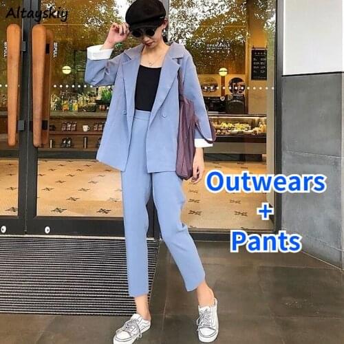 Sets Women Outwears and Pants Spring Autumn Solid Casual All-match Streetwear Notched Ankle-Length Classy Ladies Elegant Ins New