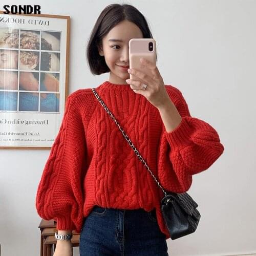 Korean Pullover Knitted Sweater 2020 Autumn Winter New Coarse Wool Lazy Style Lantern Sleeve Sweater Loose Women Wear Sweaters