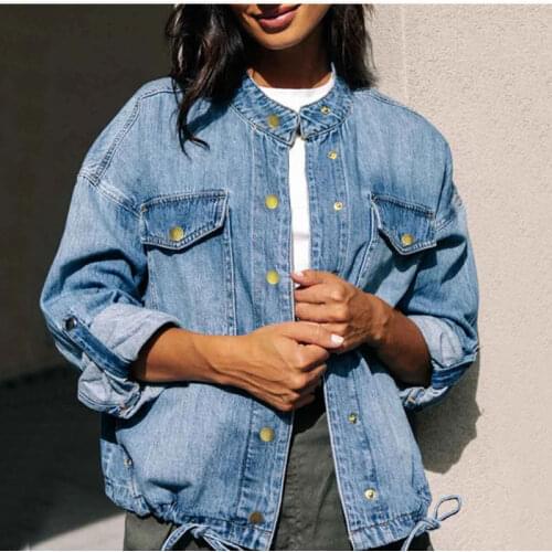 Plus Size Loose Round Collar Lace Up Jeans Jackets XL Autumn Spring Harajuku Oversized Long Sleeve Denim Coats Womens Clothing